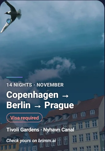 A Brimm share card for Copenhagen, Berlin and Prague